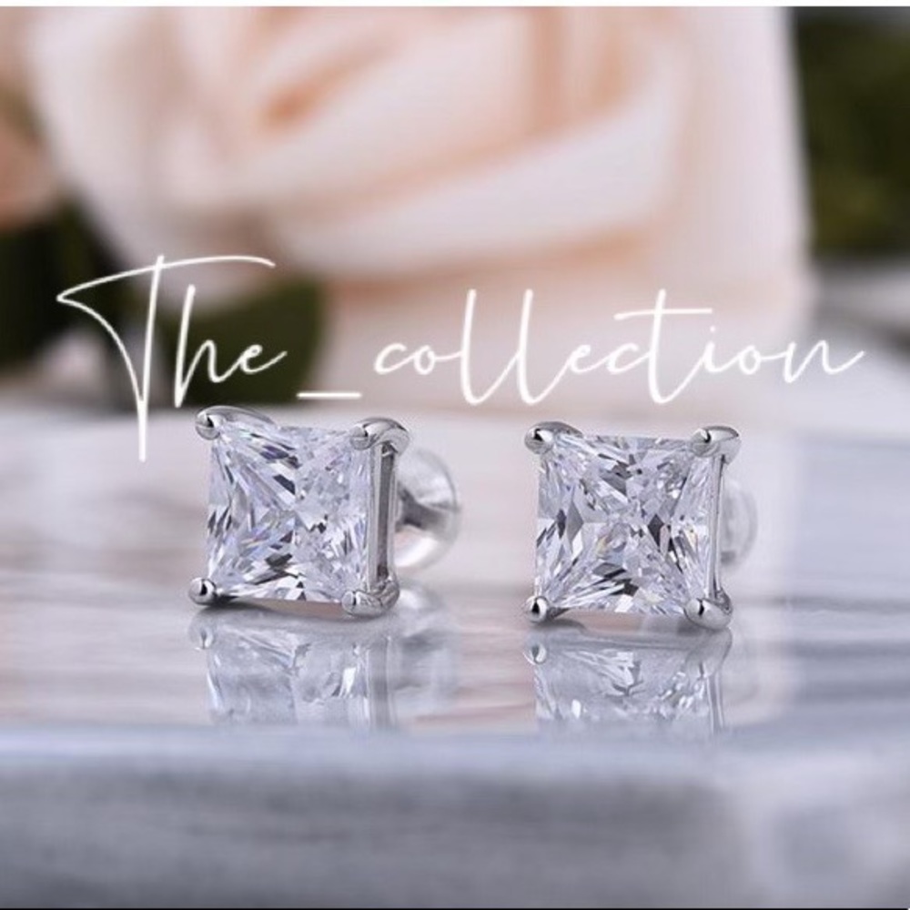 DIAMOND PRINCESS CUT STERLING SILVER STUD EARRINGS - Picture 3 of 3